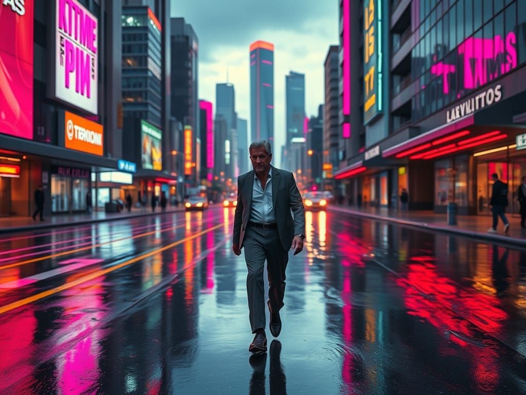 Neon Reflections in Cyberpunk Cityscape