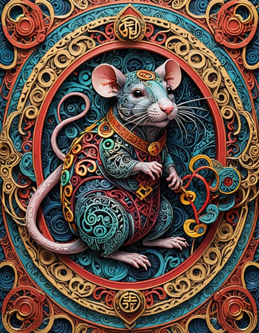 3D Rat Zodiac Card with Zentangle Borders