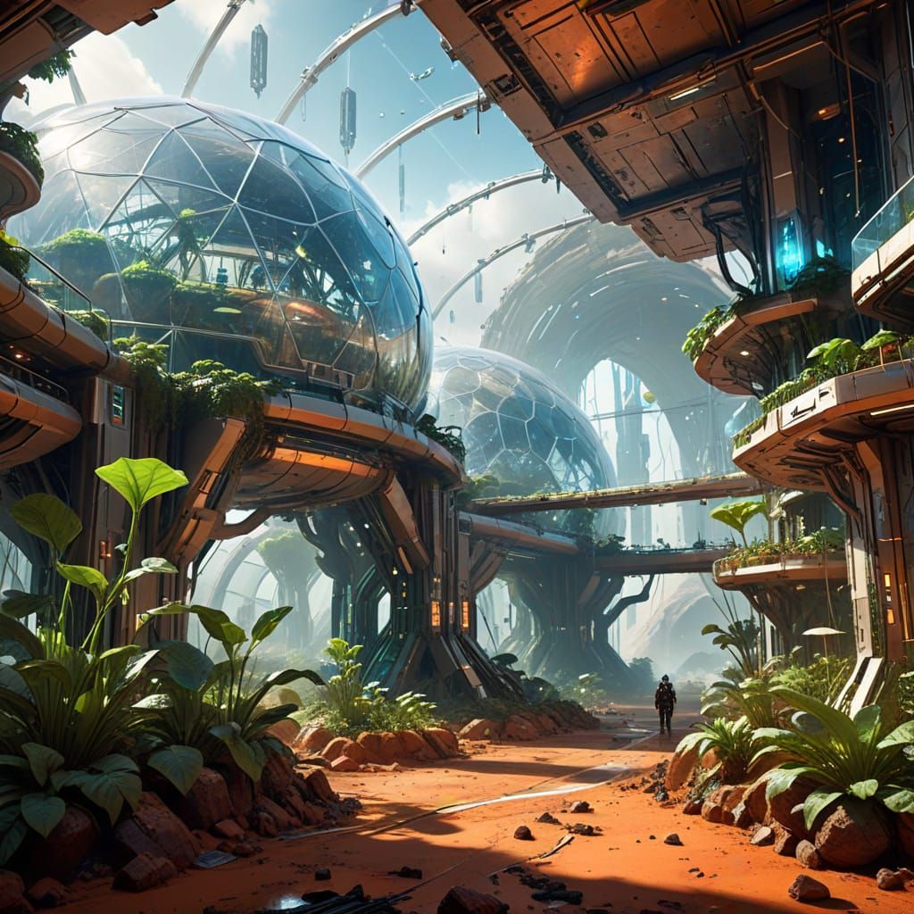 Martian City Inside Biodome with Glowing Flora