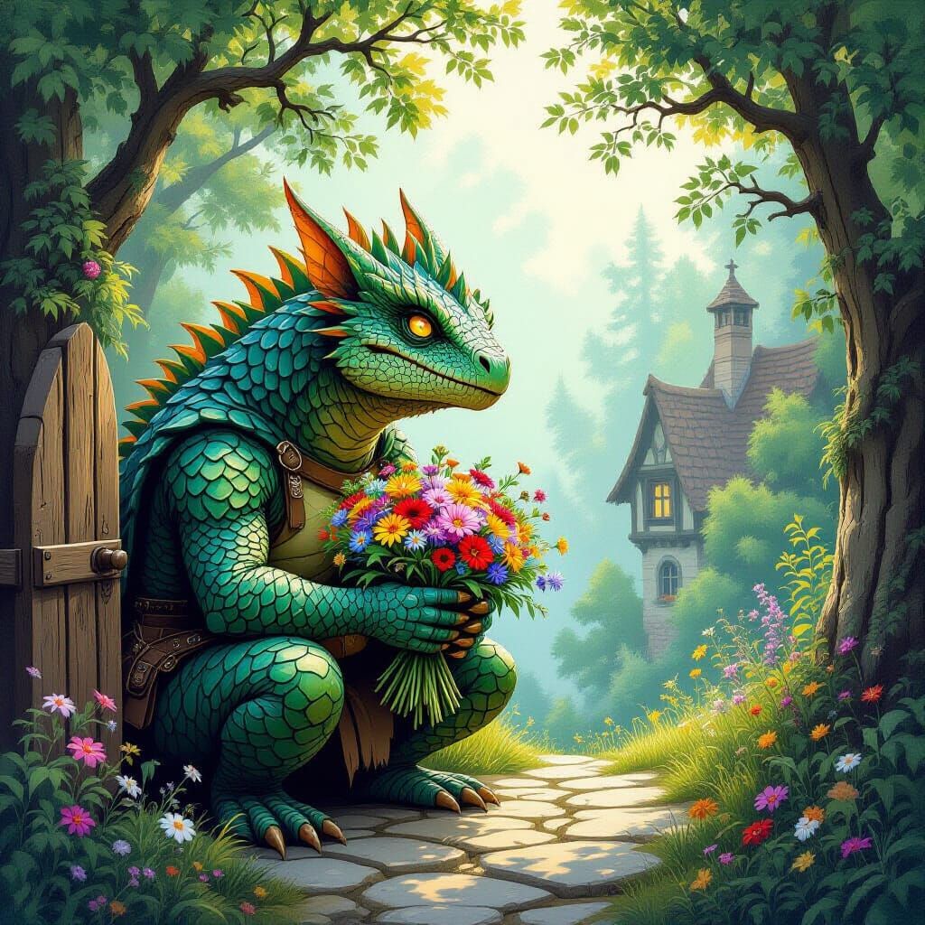 Kind Forest Lurker's Secret Bouquets in Folk Art Style