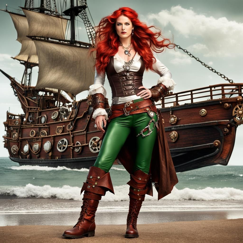 Female Pirate with Steampunk Engine on Beach