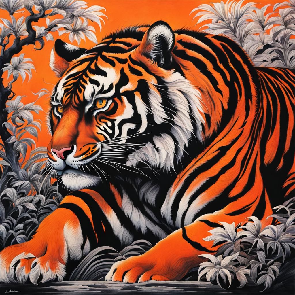 Bichromatic Tiger in Ink Wash Style