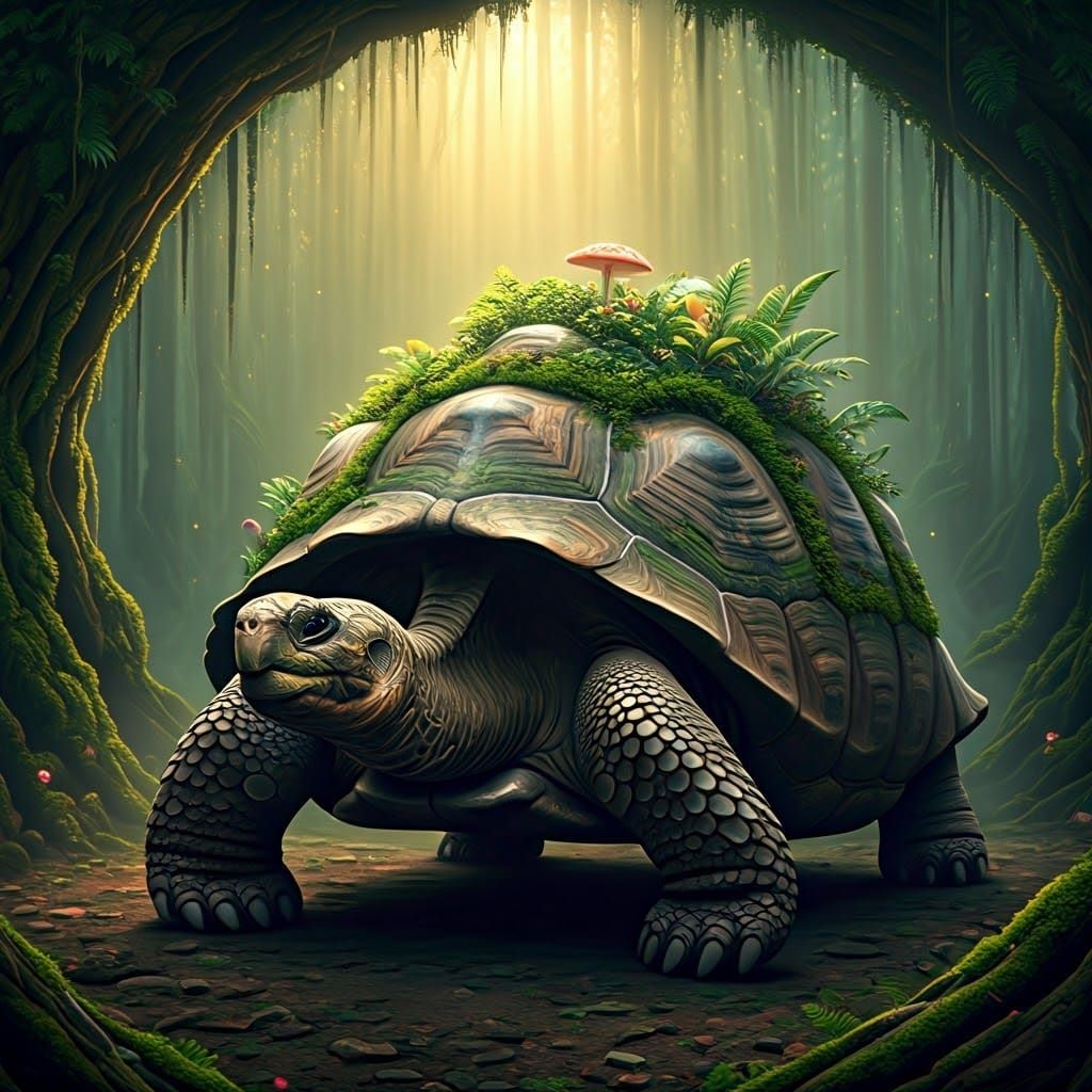 Galapagos Tortoise with Forest in Surreal Landscape