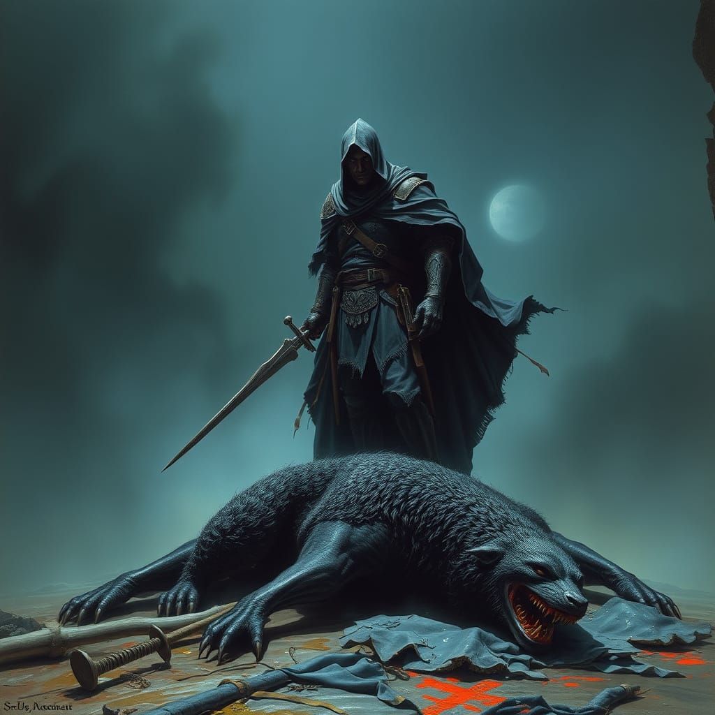 Dark Knight Triumphant Over Beast in Fantasy Style