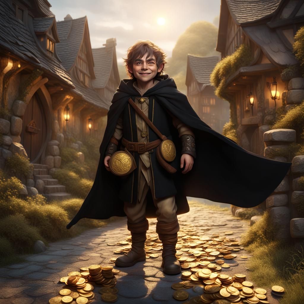 Halfling with Gold Coins in Fantasy Village