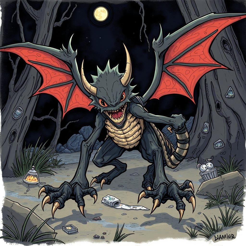 Mysterious Nocturnal Being in a Dark Landscape