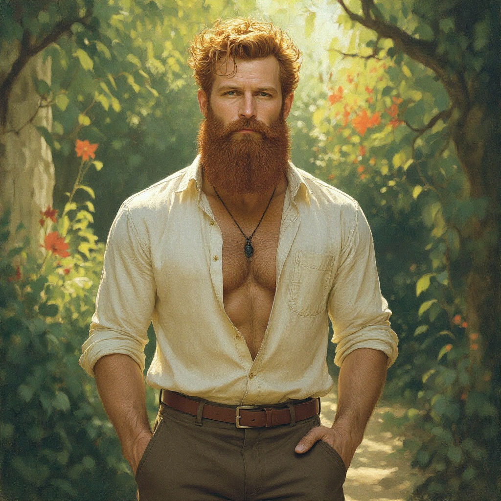 Tall Ginger Man in Sunlit Garden