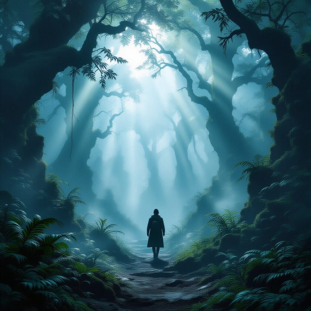 Traveler in Misty Ancient Forests