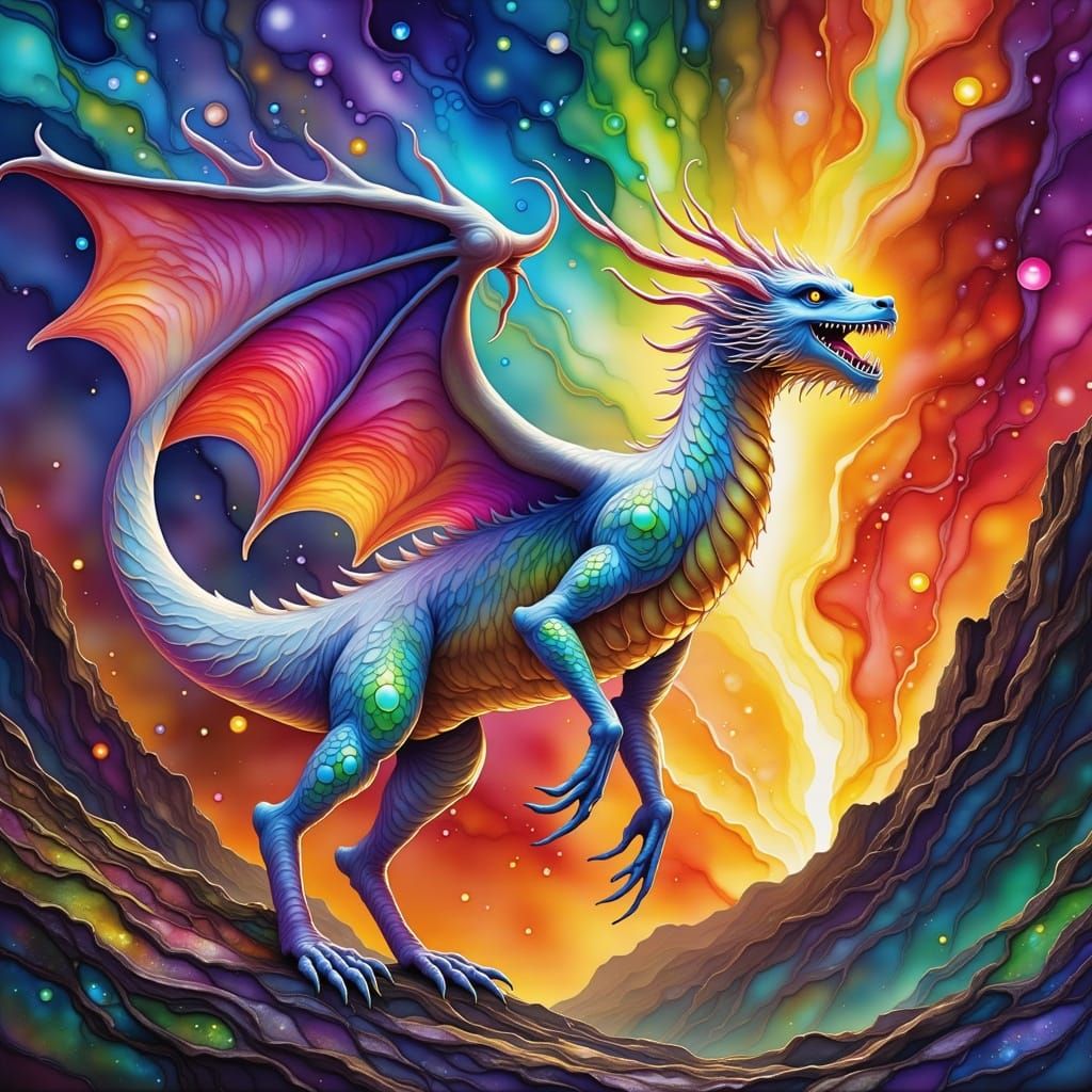 Majestic White Dragon Emerges from Multicolored Lava Volcano