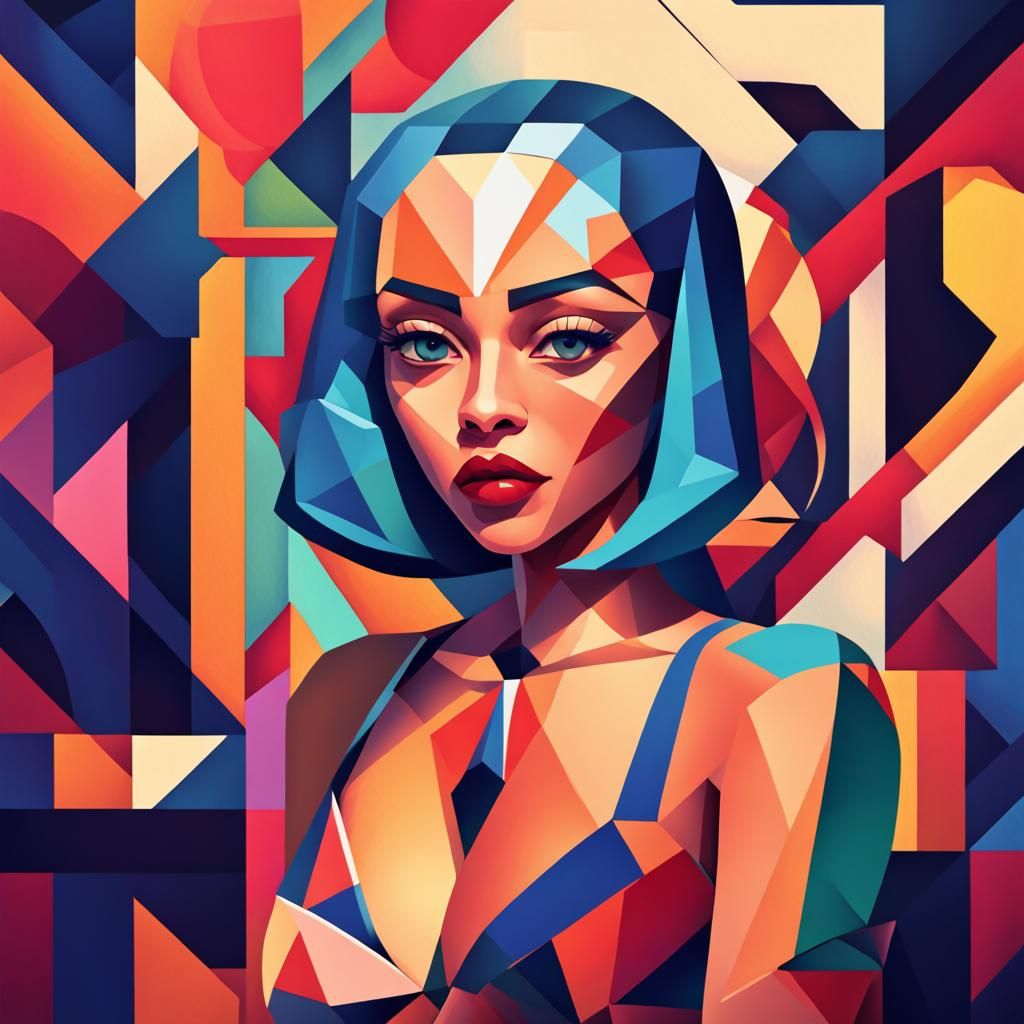 Cubist Painting with Geometric, Art Deco Elements