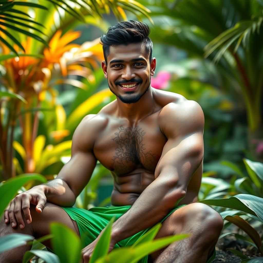 Hyperrealistic Indian Man in Lush Tropical Garden