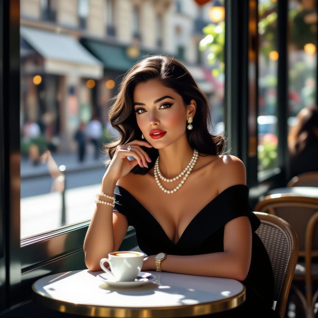 Elegant Woman at Parisian Cafe in Airbrushed Mural Style