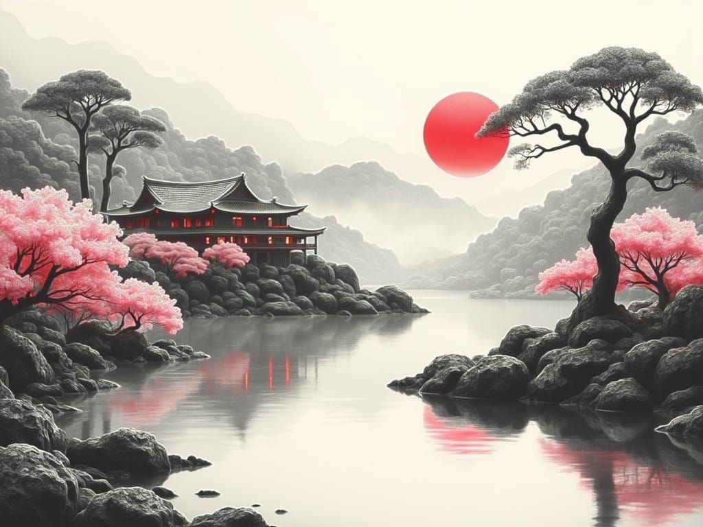 Misty Japanese Garden in Charcoal Drawing Style