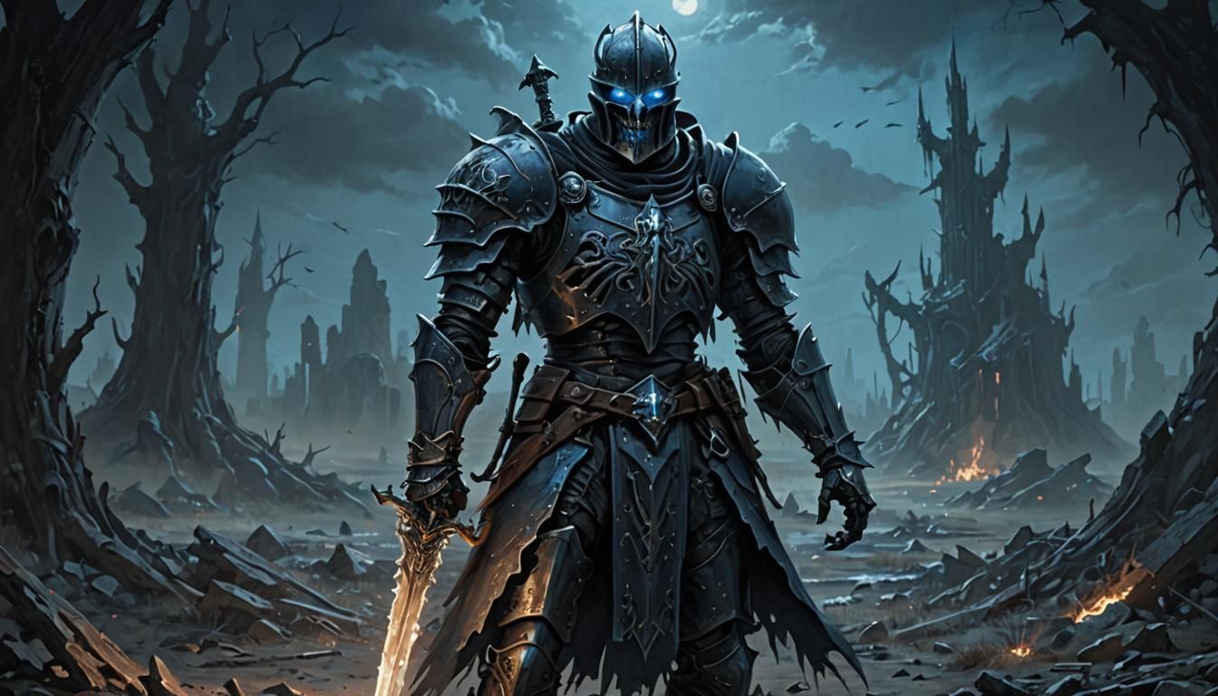 Skeletal Knight in Desolate Battlefield: Dark Fantasy Art