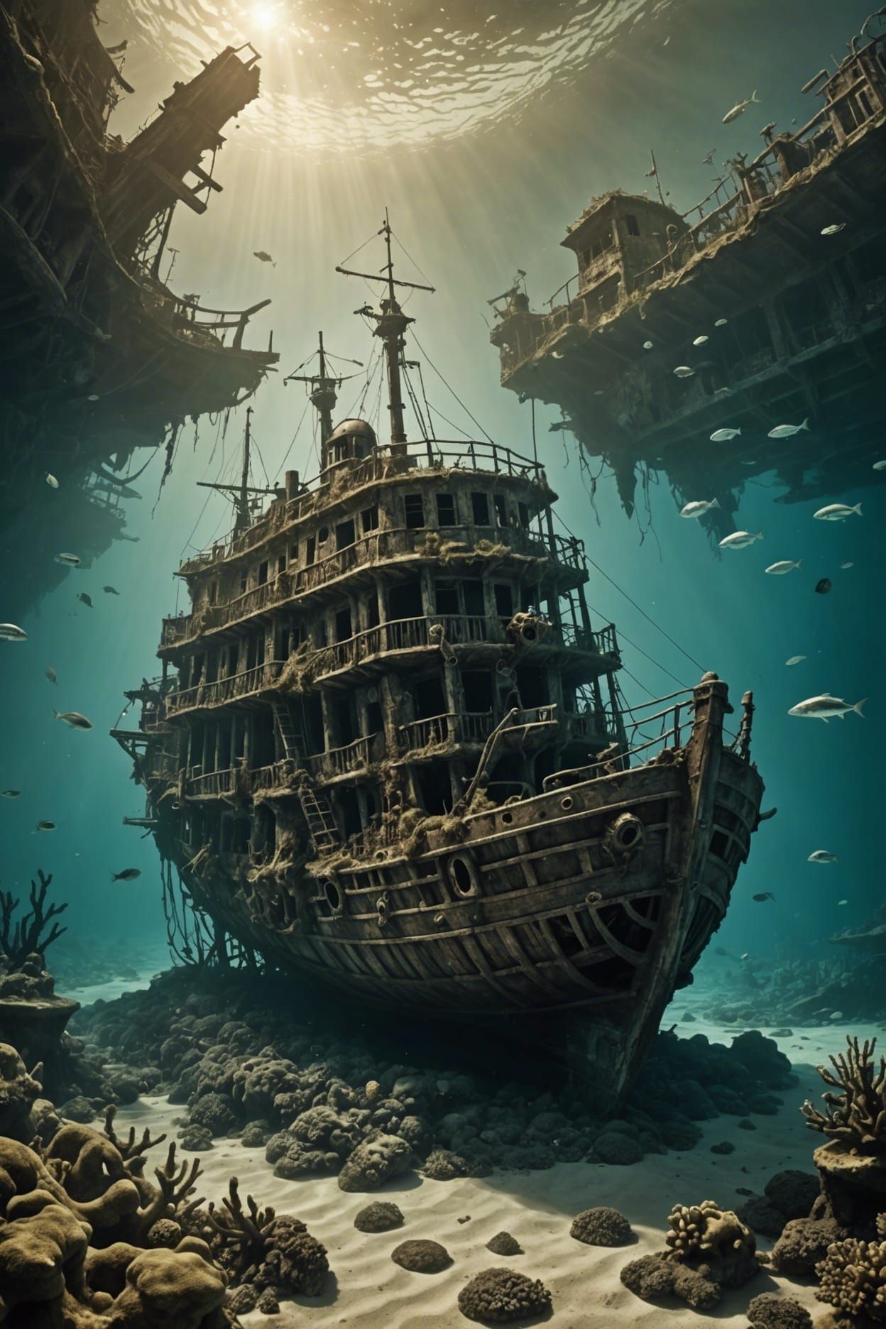 Underwater Post-Apocalyptic Steampunk Shipwreck Scene