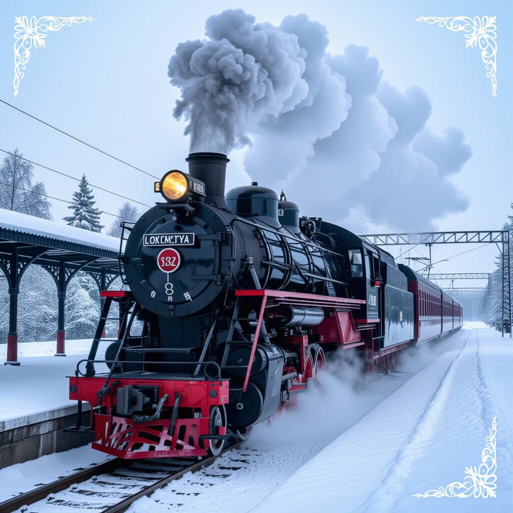 Majestic Steam Train in Snowy Station, Hyperrealistic Style