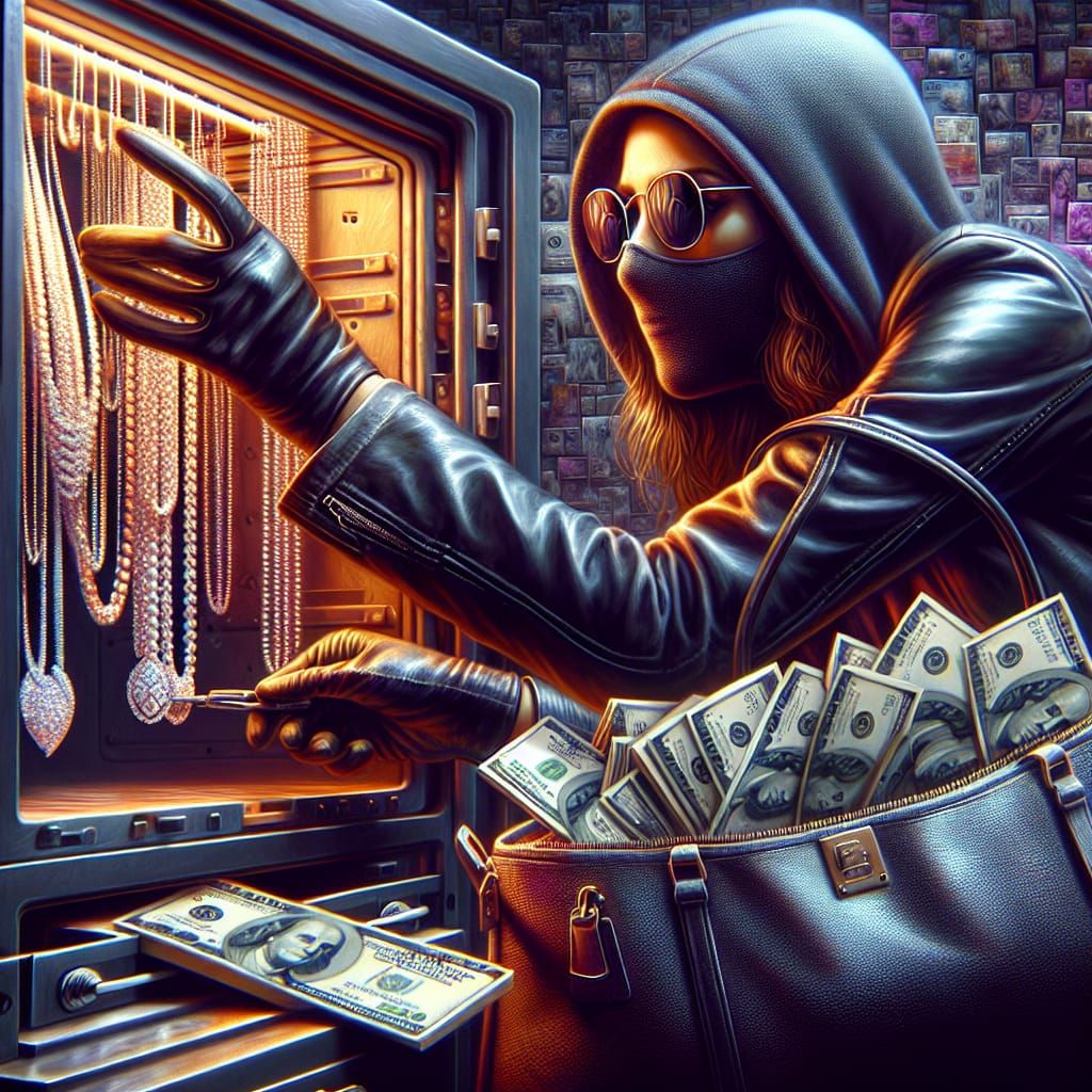 Woman Stealing Diamonds: Matte Painting in 8k