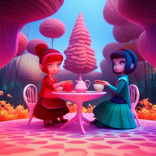 Magical Tea Party in Pink Forest: 3D Digital Art