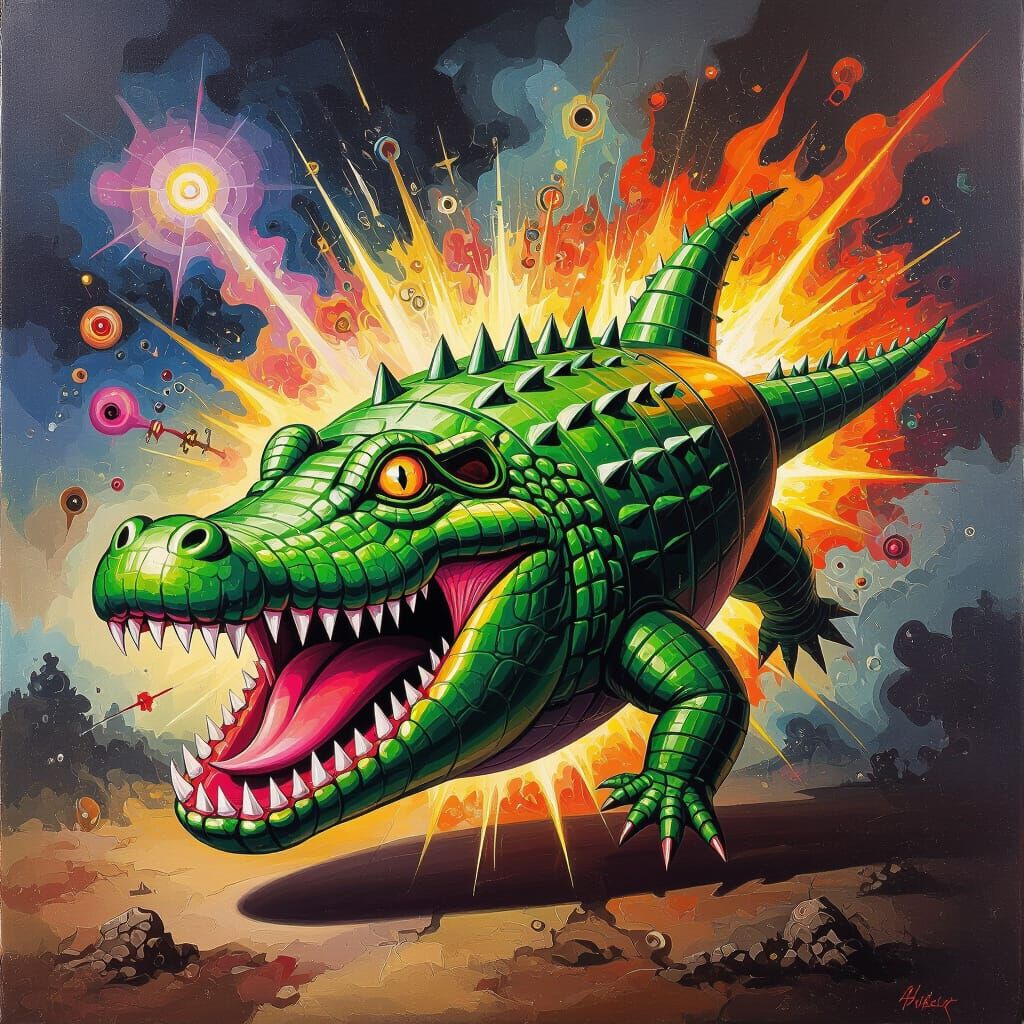 Surrealist Oil Painting of a Detonating Crocodile Bomb