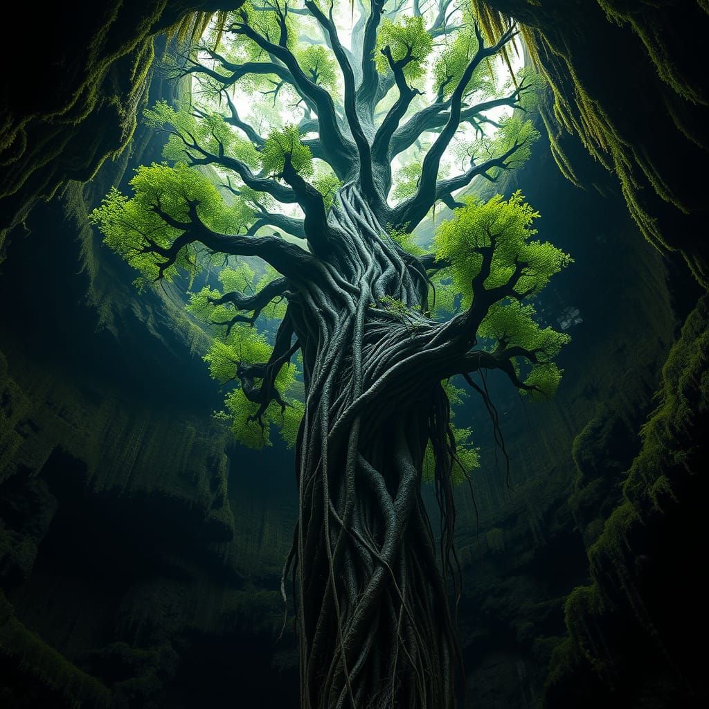 Upside Down Tree in a Mystical Cave, in Eerie Lighting