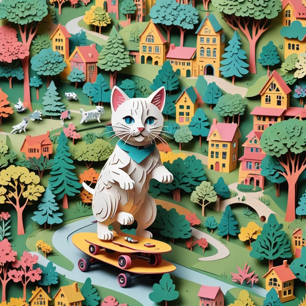 Kitten Skateboarding in City Park: Kirigami Style