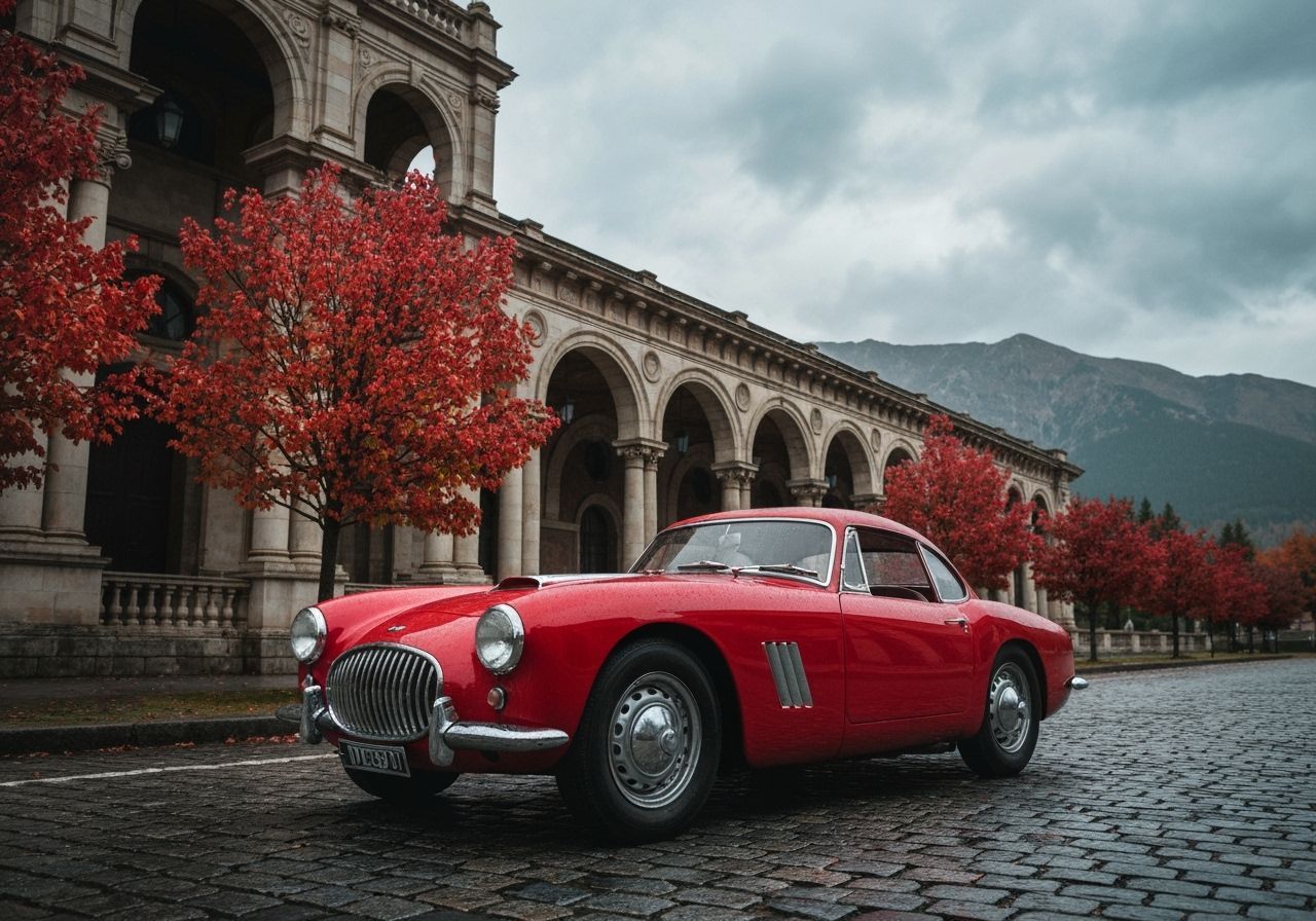 Vintage Red Car on Cobblestone Road