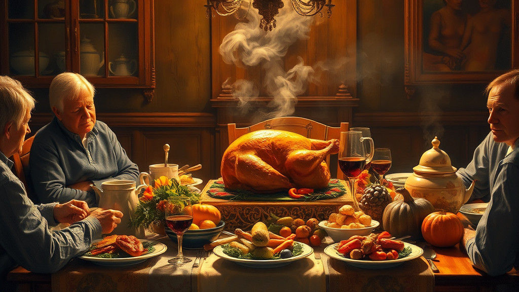 Thanksgiving Feast Still Life in Oil Painting Style
