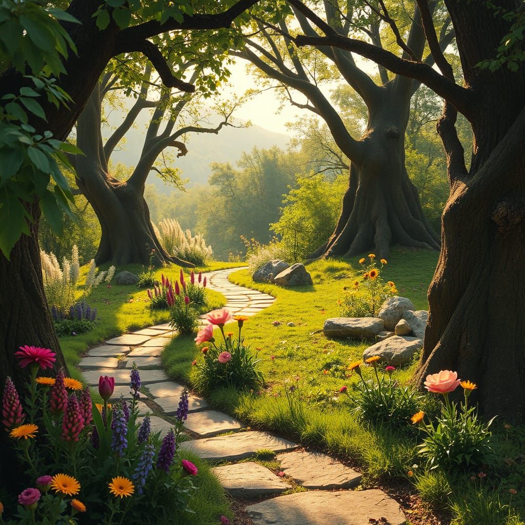Enchanted Path with Lush Greenery and Wildflowers