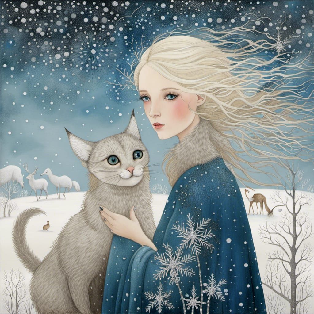 Girl and cat in winter