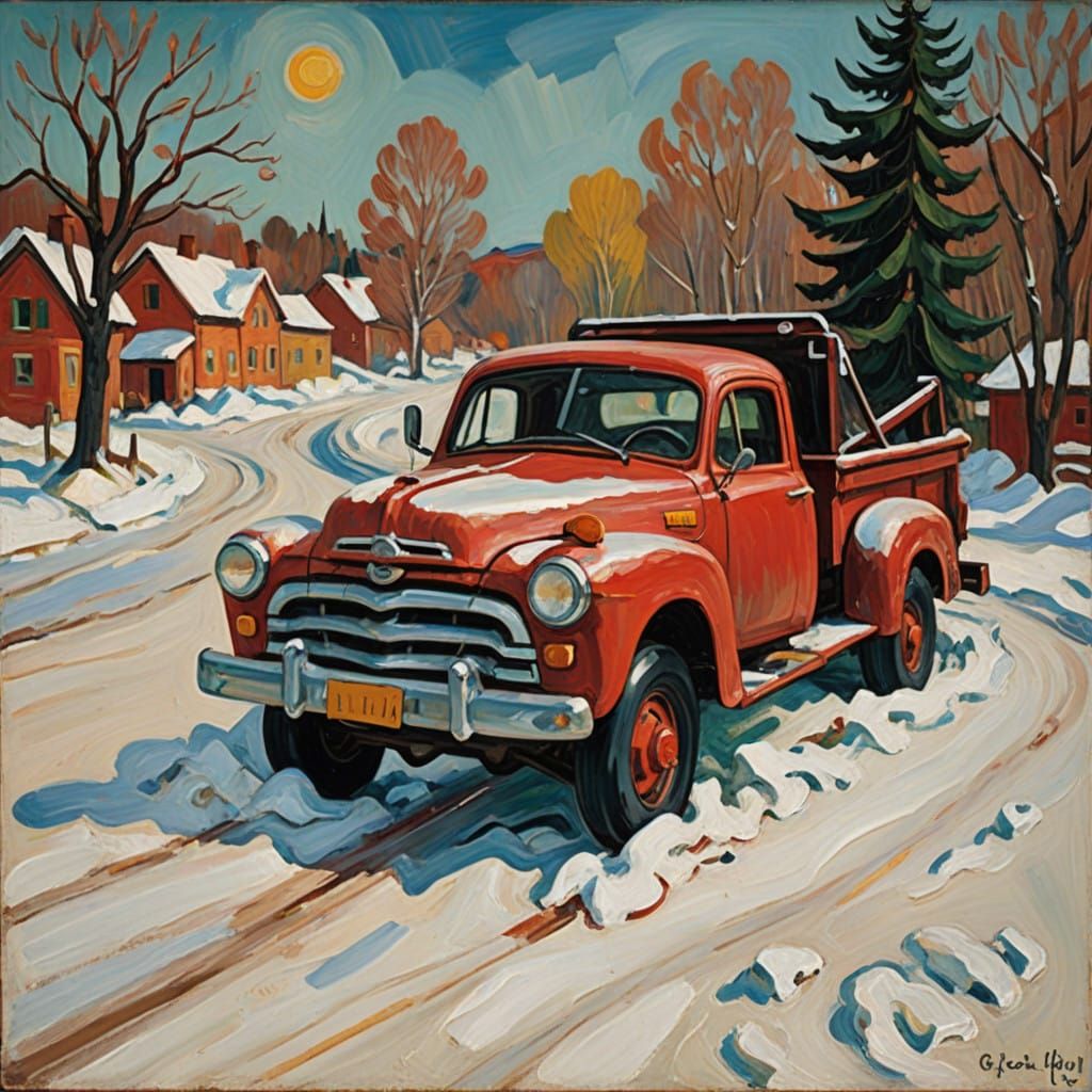 Vintage Tow Truck Rescues Stranded Car in a Vibrant Winter W...
