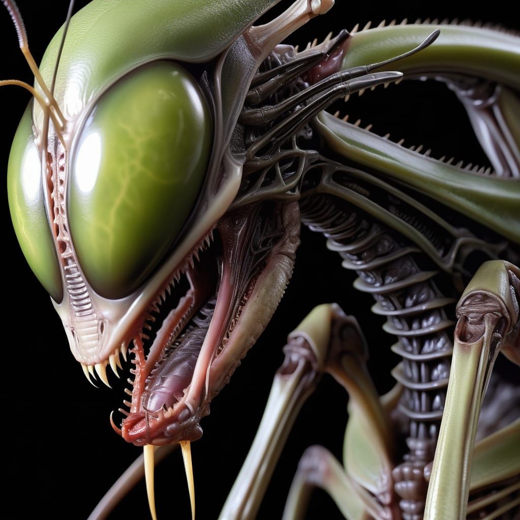 Praying Mantis Eats Prey in Biomechanical Giger Style
