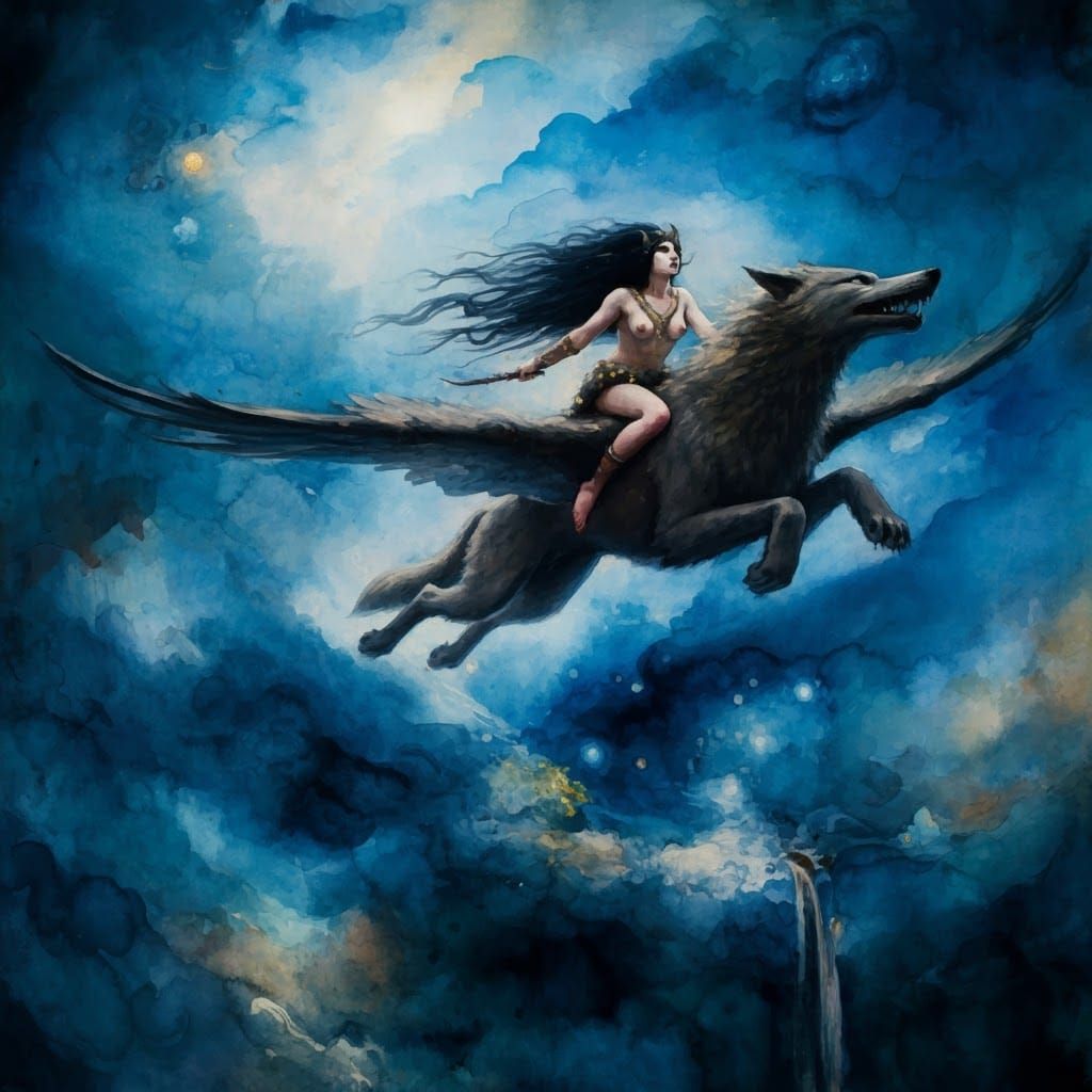 Valkyrie Shaman Rides Flying Wolf Through Cosmos