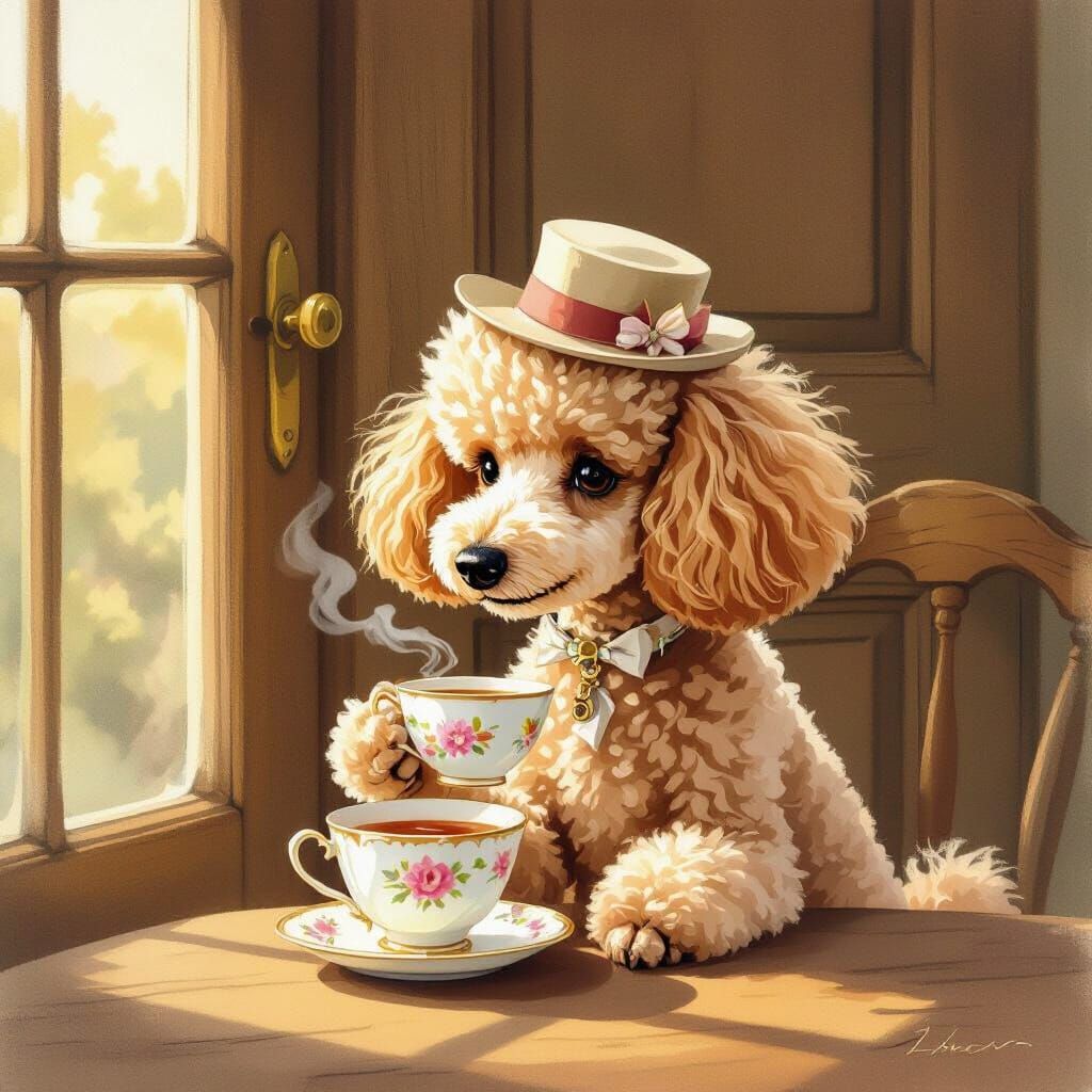 Elegant Poodle Sips Tea, Watching Door in Storybook Style