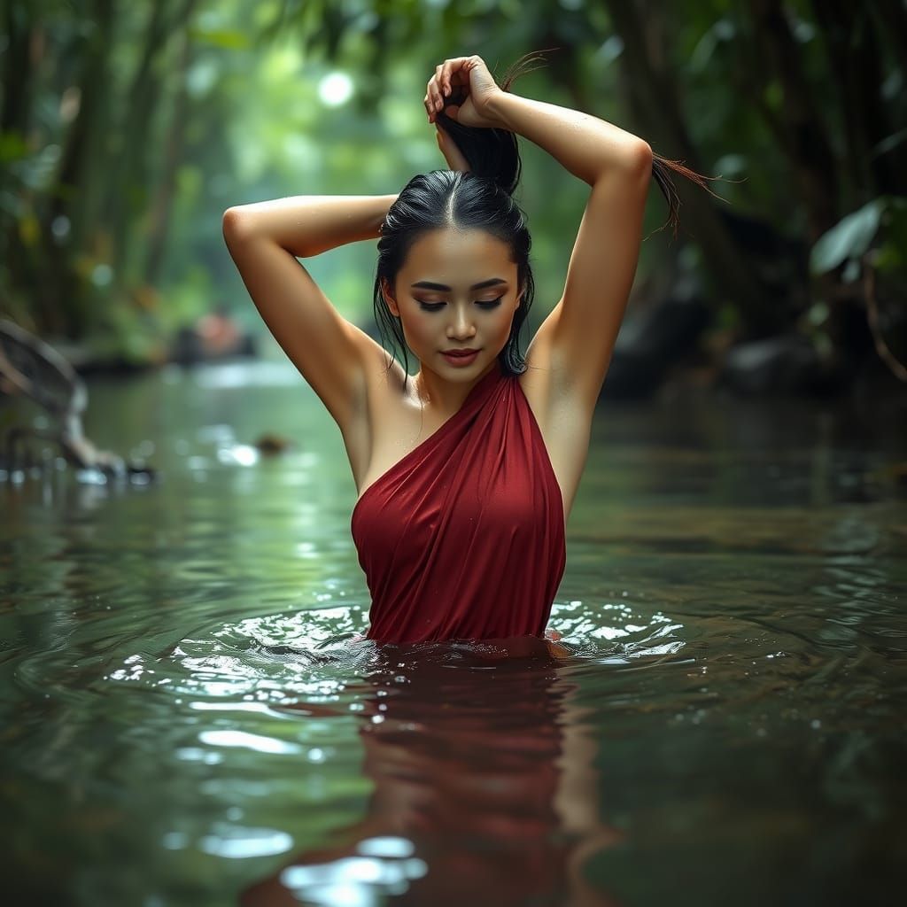 Thai Woman Emerging from Forest Stream, Digital Art