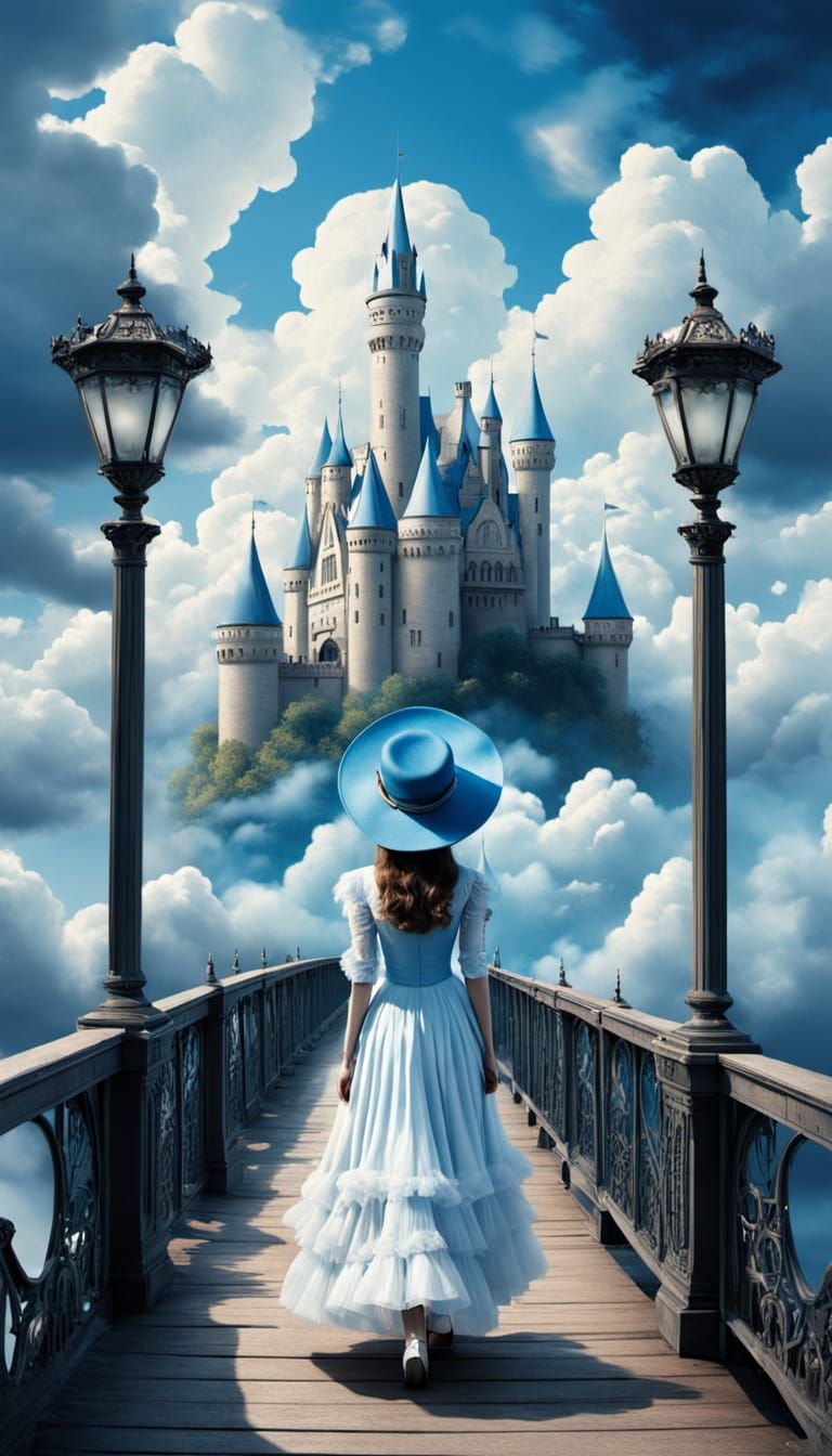 Surreal Belle Époque Lady on Bridge to Castle