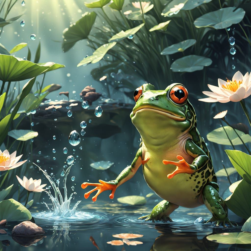 Surprised Frog and Leaping Fish in Anime Style