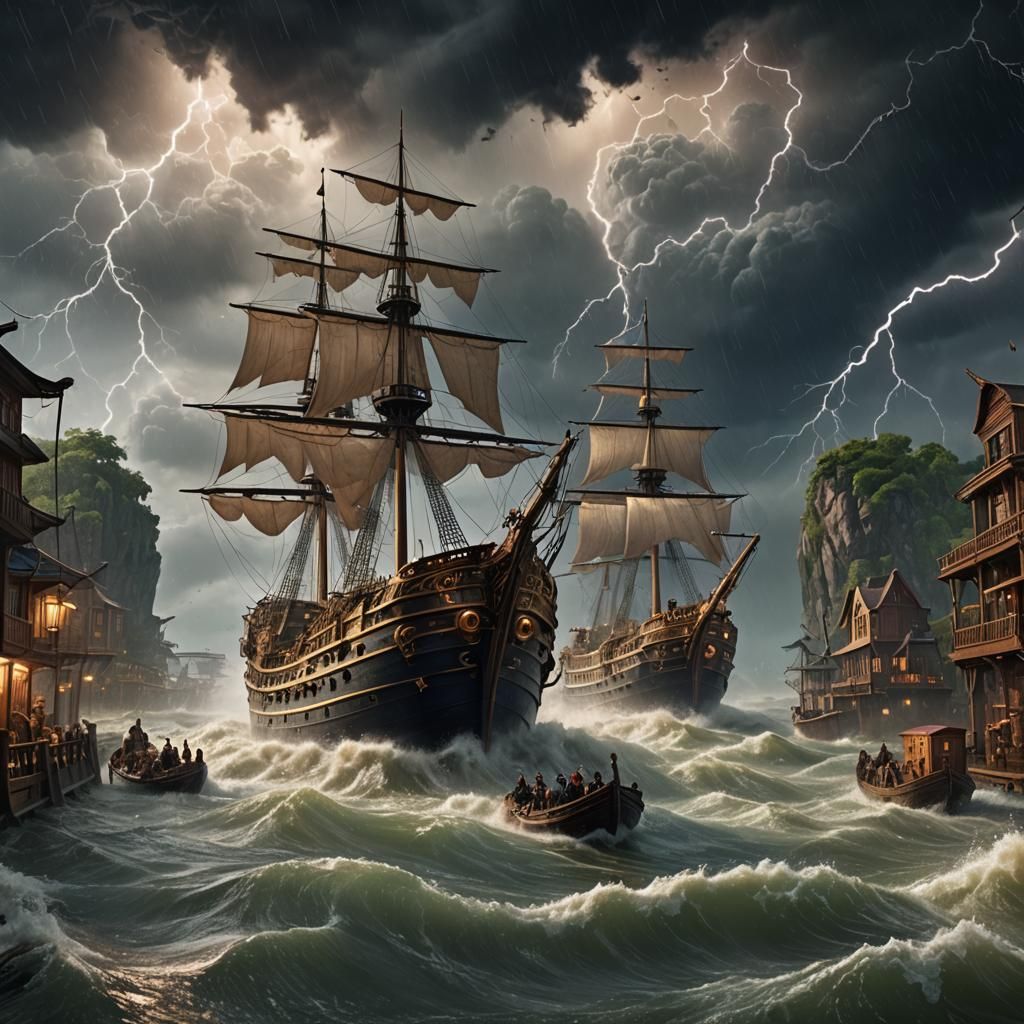 Ship in Stormy Flood: Fantastical Matte Painting