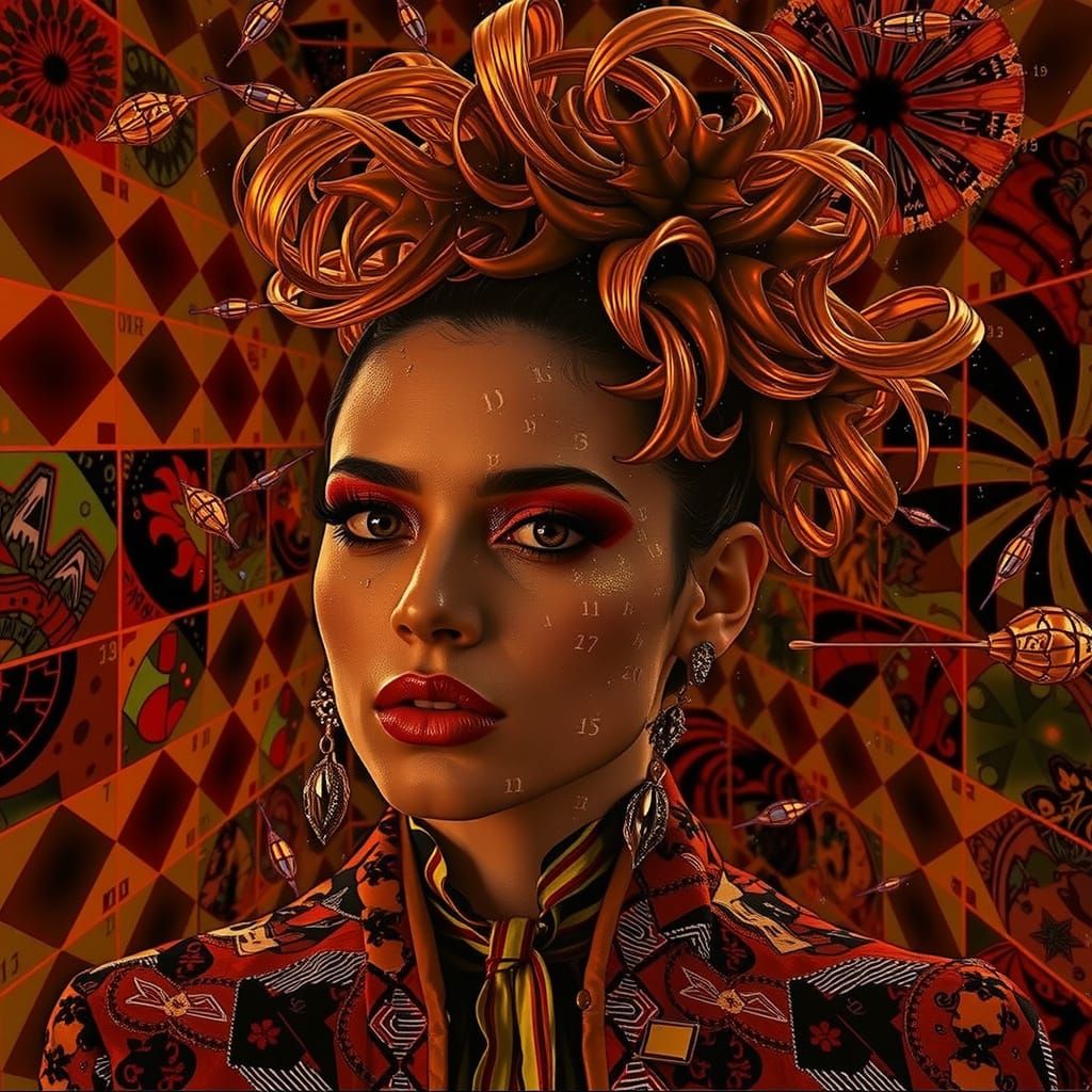 Flamboyant Woman with Geometric Overlay
