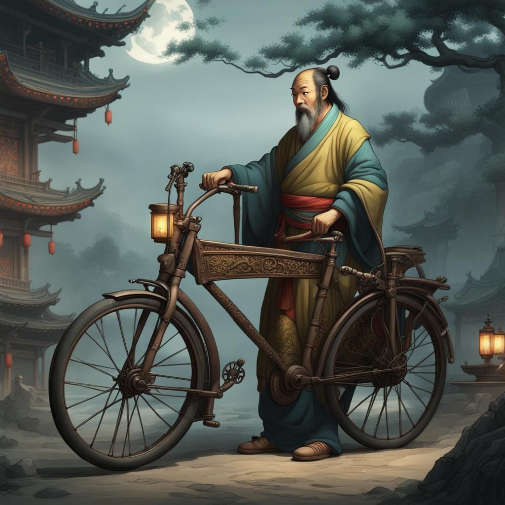 Scientist Repairing Bike in Traditional Chinese Painting Sty...