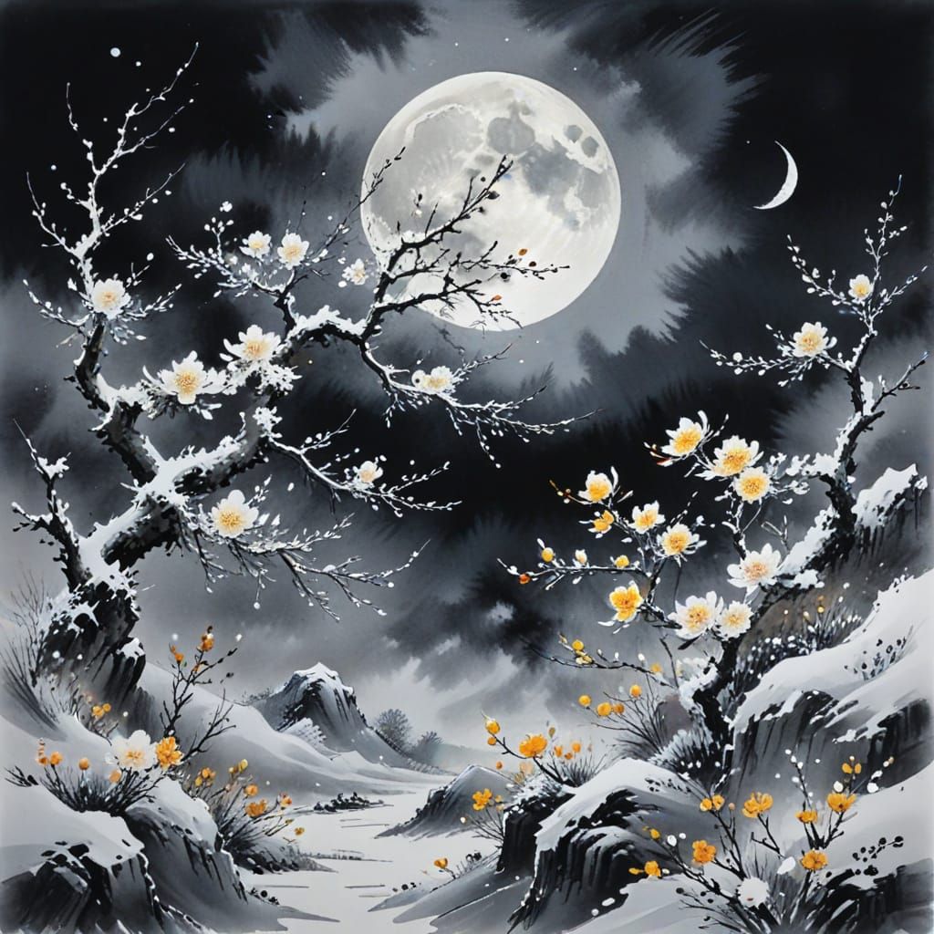 Snowfall Under the Moon: Chinese Ink Painting Style