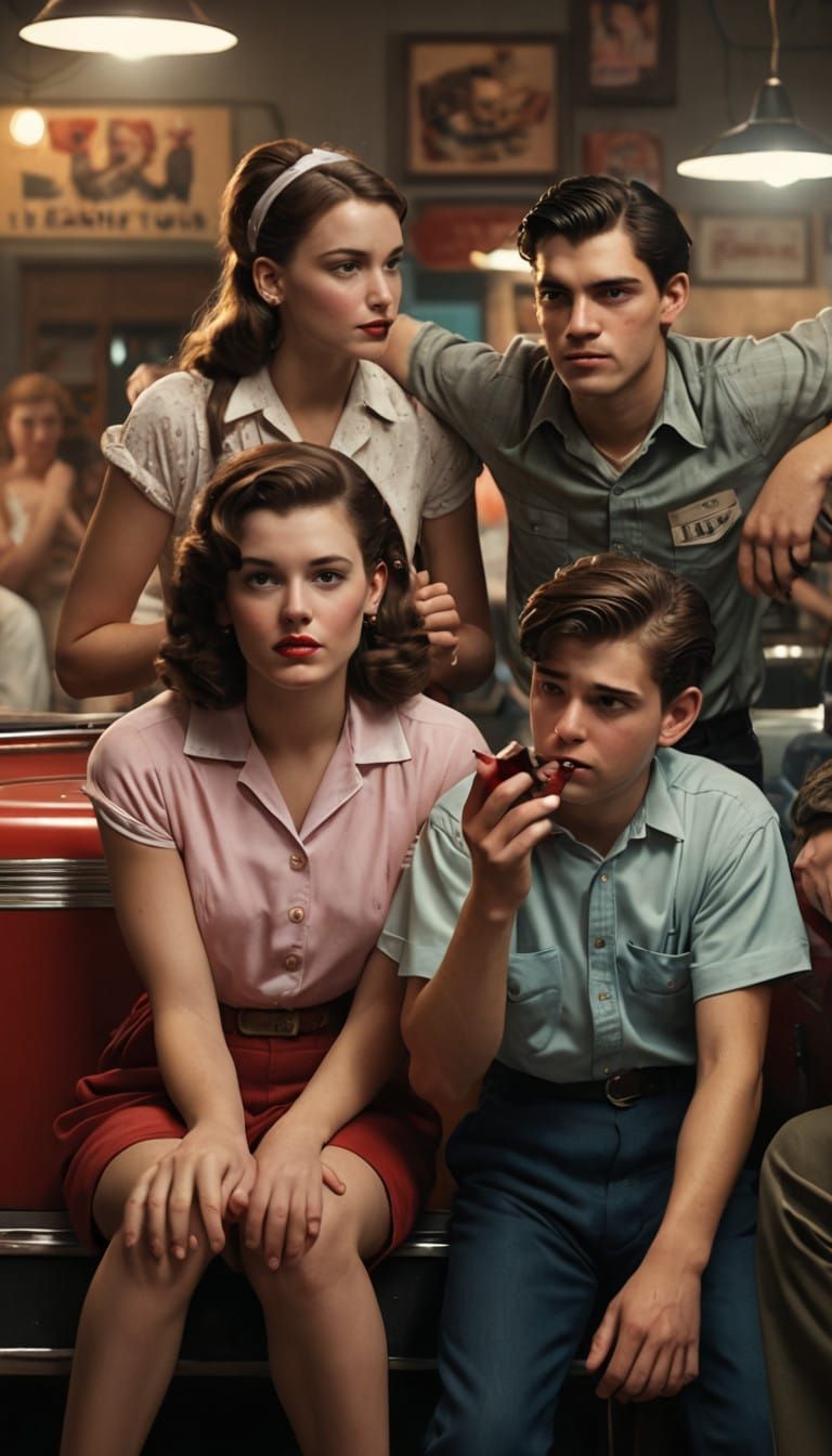 Retro American Sock Hop Scene in High-Contrast Cinematic Sty...