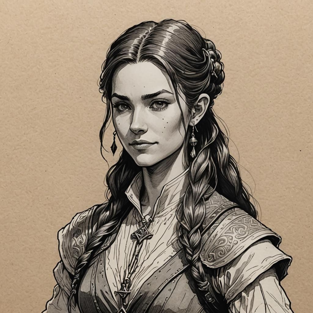 D&D Female Bard Character Portrait in Pen & Ink