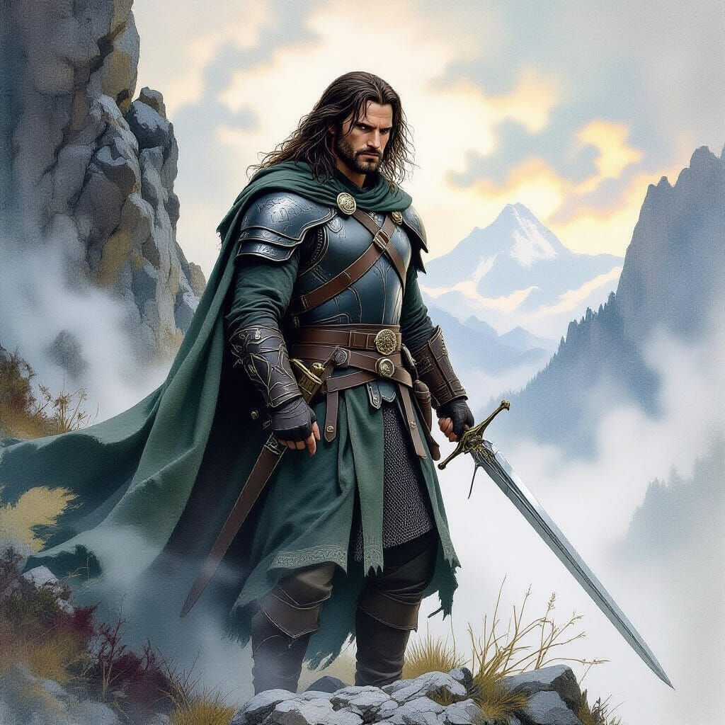Aragorn in Misty Mountains, Watercolor Style