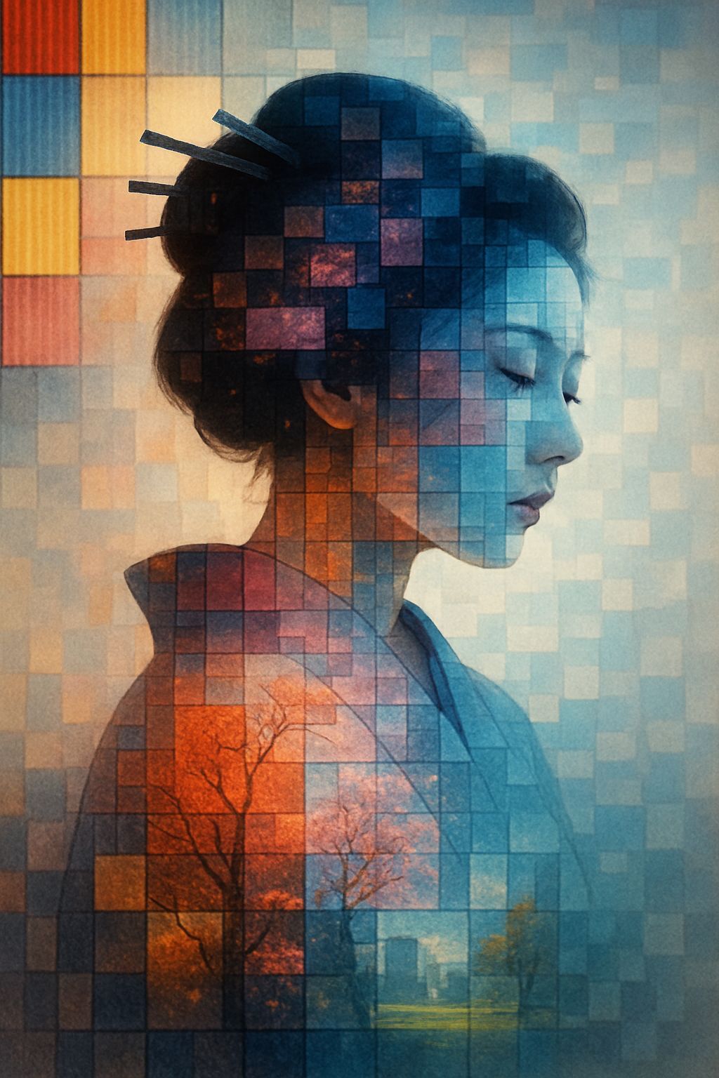 Futuristic Geisha with Mondrian-Inspired Background