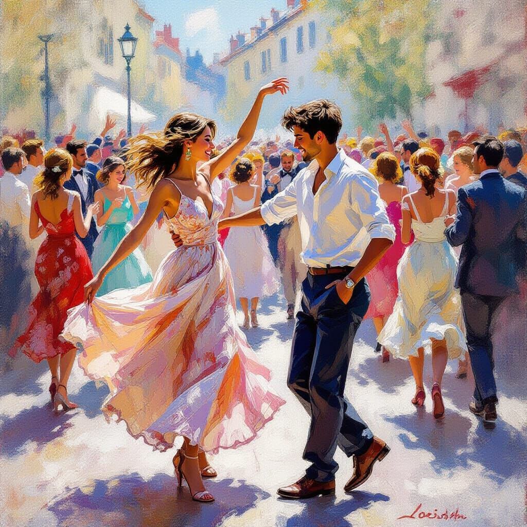 Couple Dances in Lively Crowd, Expressive Brushstrokes