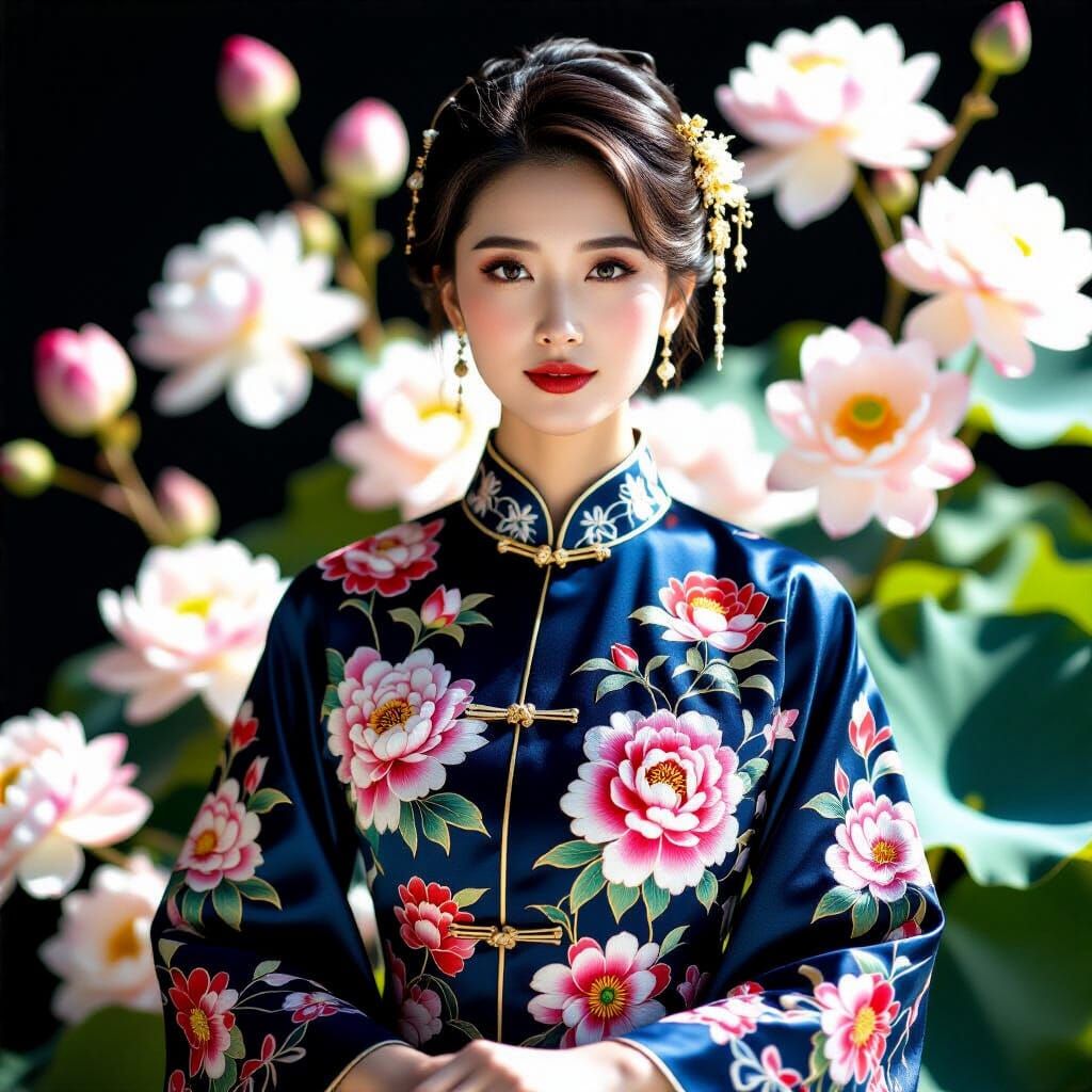 Elegant Woman in Traditional Chinese Silk Gown