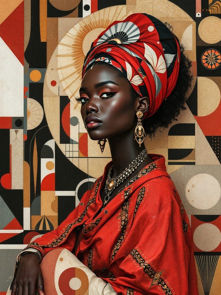 African Warrior Woman in Geometric Tapestry Style
