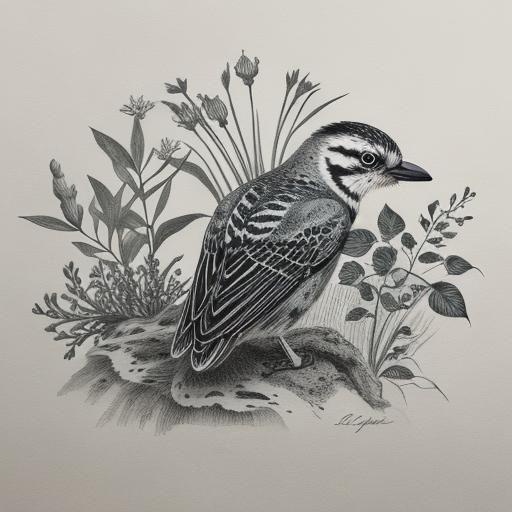 Botanical Ink Drawing with Wildlife Elements