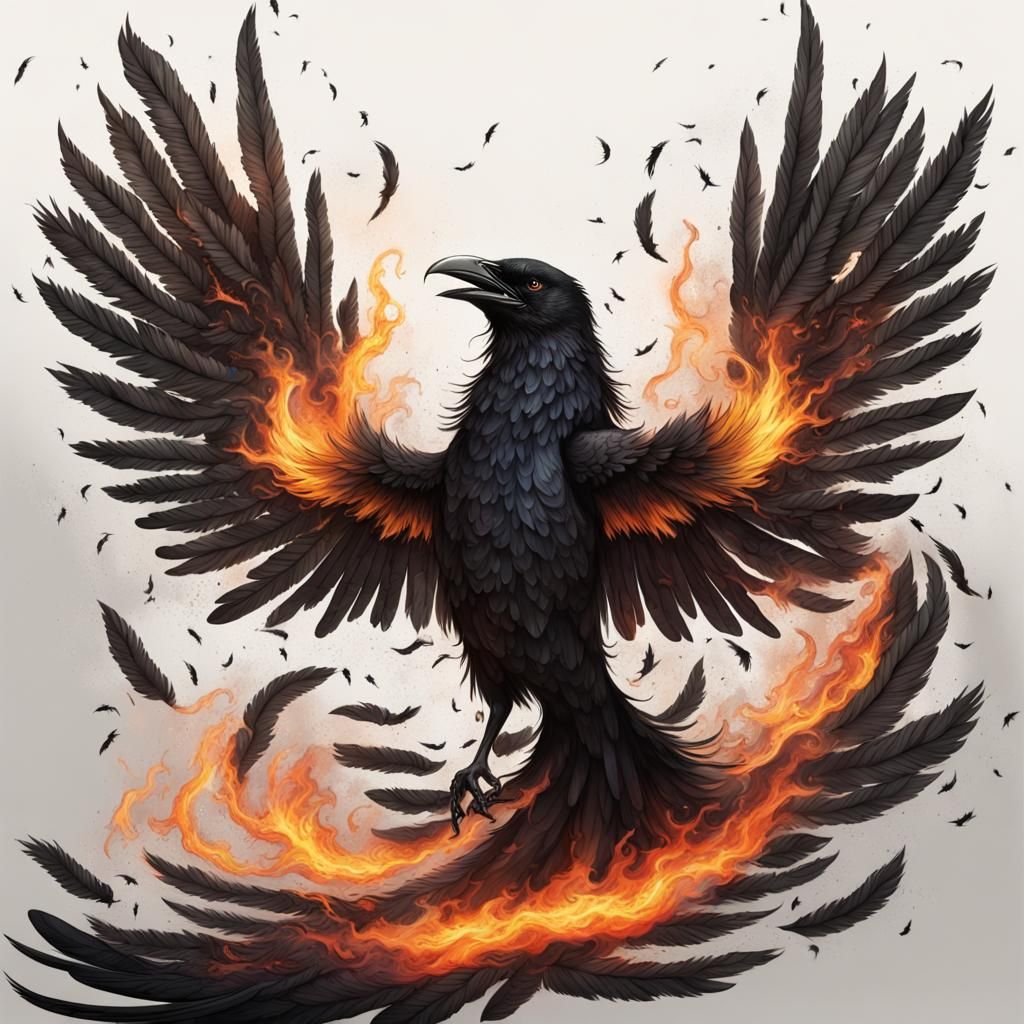 Hybrid Phoenix-Raven Ablaze in Flight