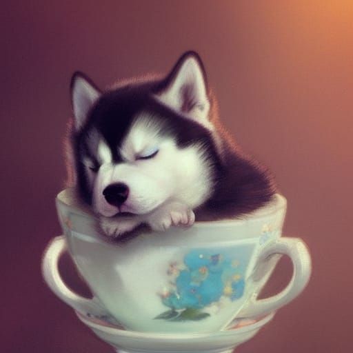 Husky Puppy Sleeps in Teacup: Digital Concept Art